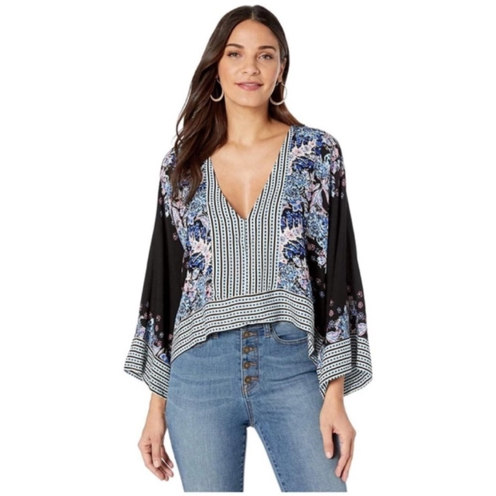 Free People Mix and Match Mixed Print Blue and Black Cropped Blouse. Size Small.